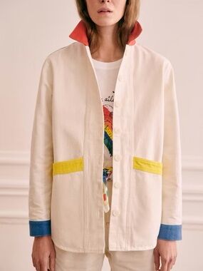 Sezane Cream Jacket with Yellow Pockets, Blue Cuffs and Red Collar